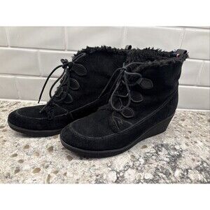 Tommy Hilfiger Wedge Suede Booties Black Women’s Size 10 Lace Up Ankle Boots